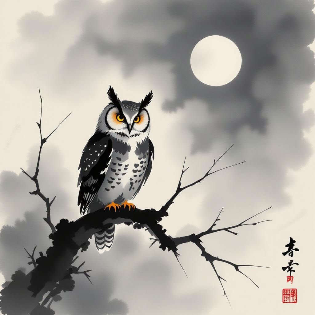 Sumi-e minimalism. A single, wise owl perched on a gnarled, ink-brushed branch, its eyes glowing with ...  by @Renee Hudson