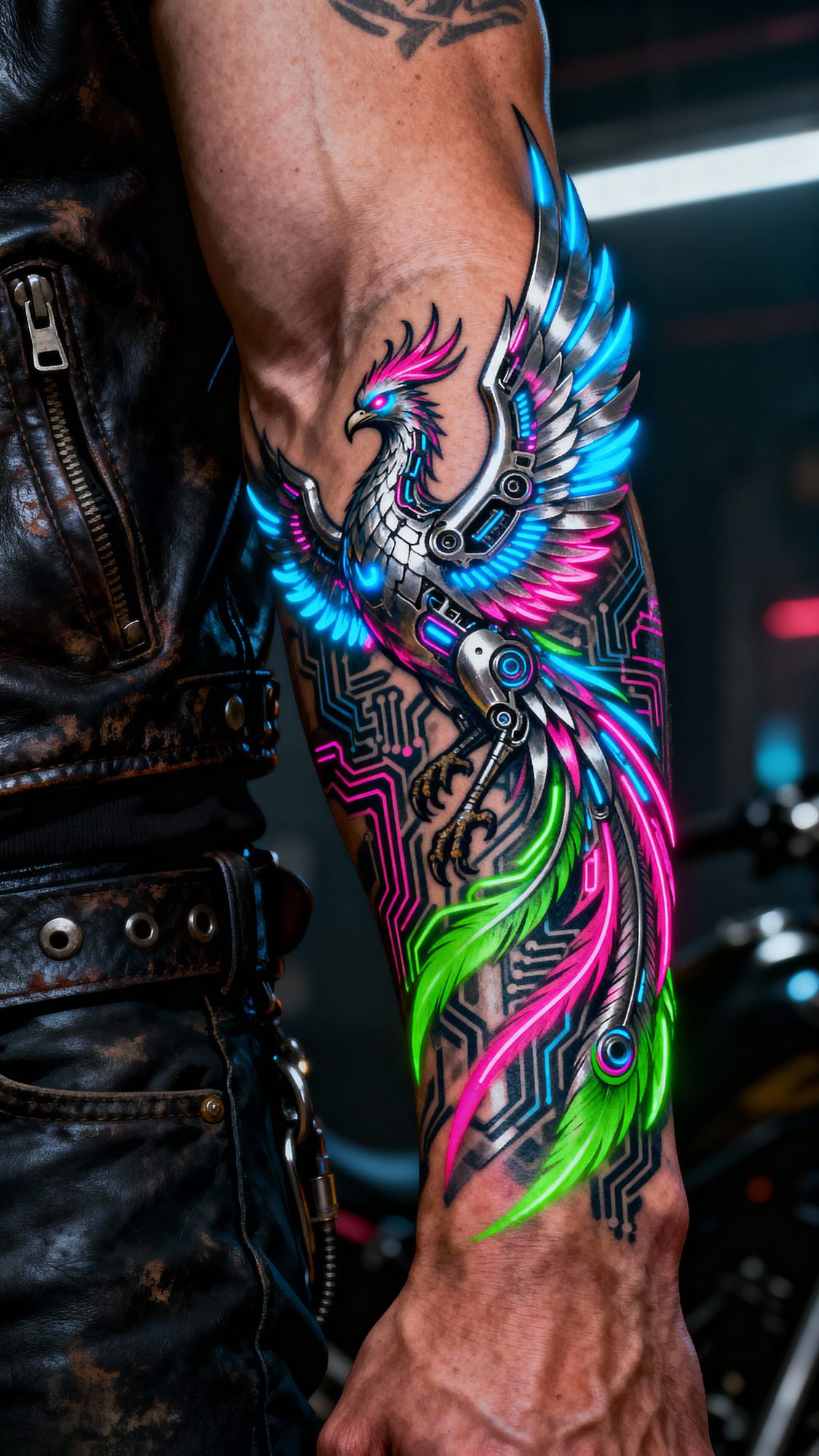 A detailed arm sleeve tattoo of a cyberpunk inspired phoenix wrapped around a muscular bikers forearm  