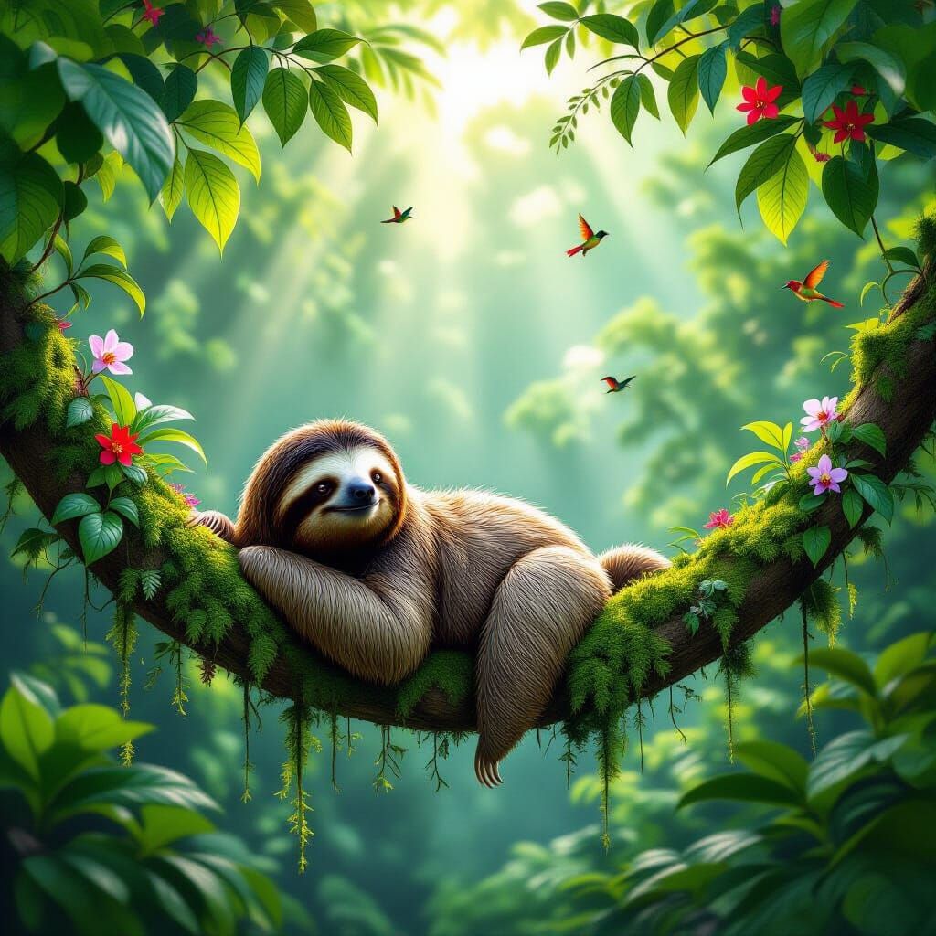 A beautiful, scenic rainforest scene featuring a sloth in its natural habitat, resting gracefully among the branches of a tall tropical tree...