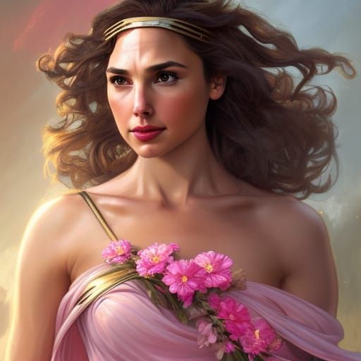 Gal gadot as Aphrodite in updo hairstyle and flowers with pi...