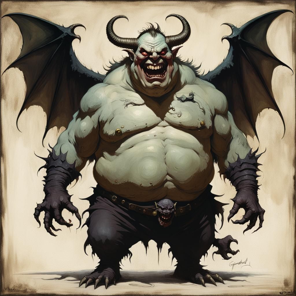 big, chubby, greasy demon with evil laughter and short but t...