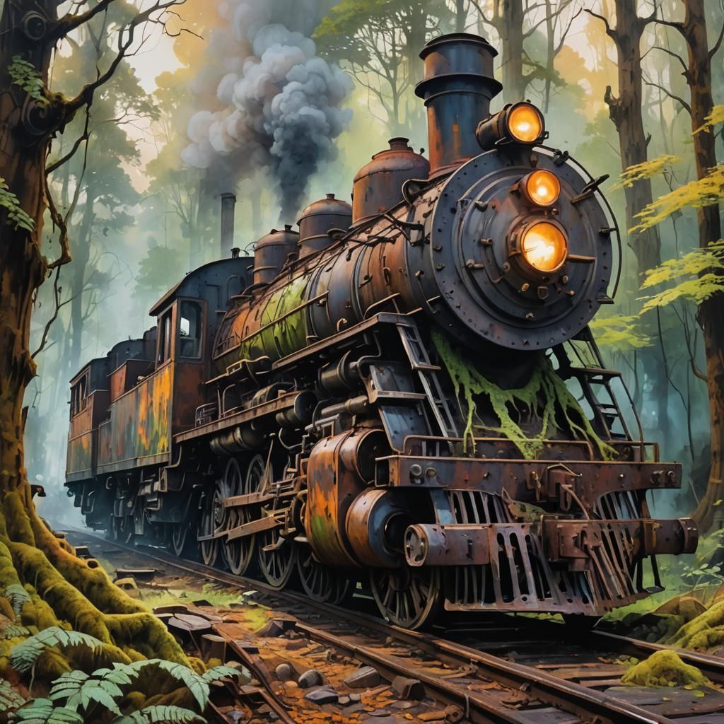 Old steam locomotive rusting and rotting in an creepy forest...