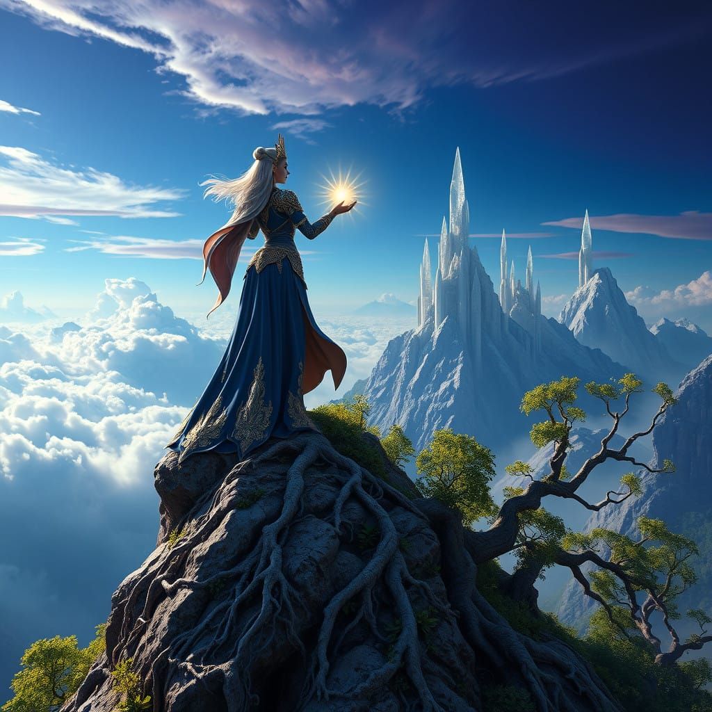 Mystical Warrior Amidst Ethereal Landscape in Fantasy Style