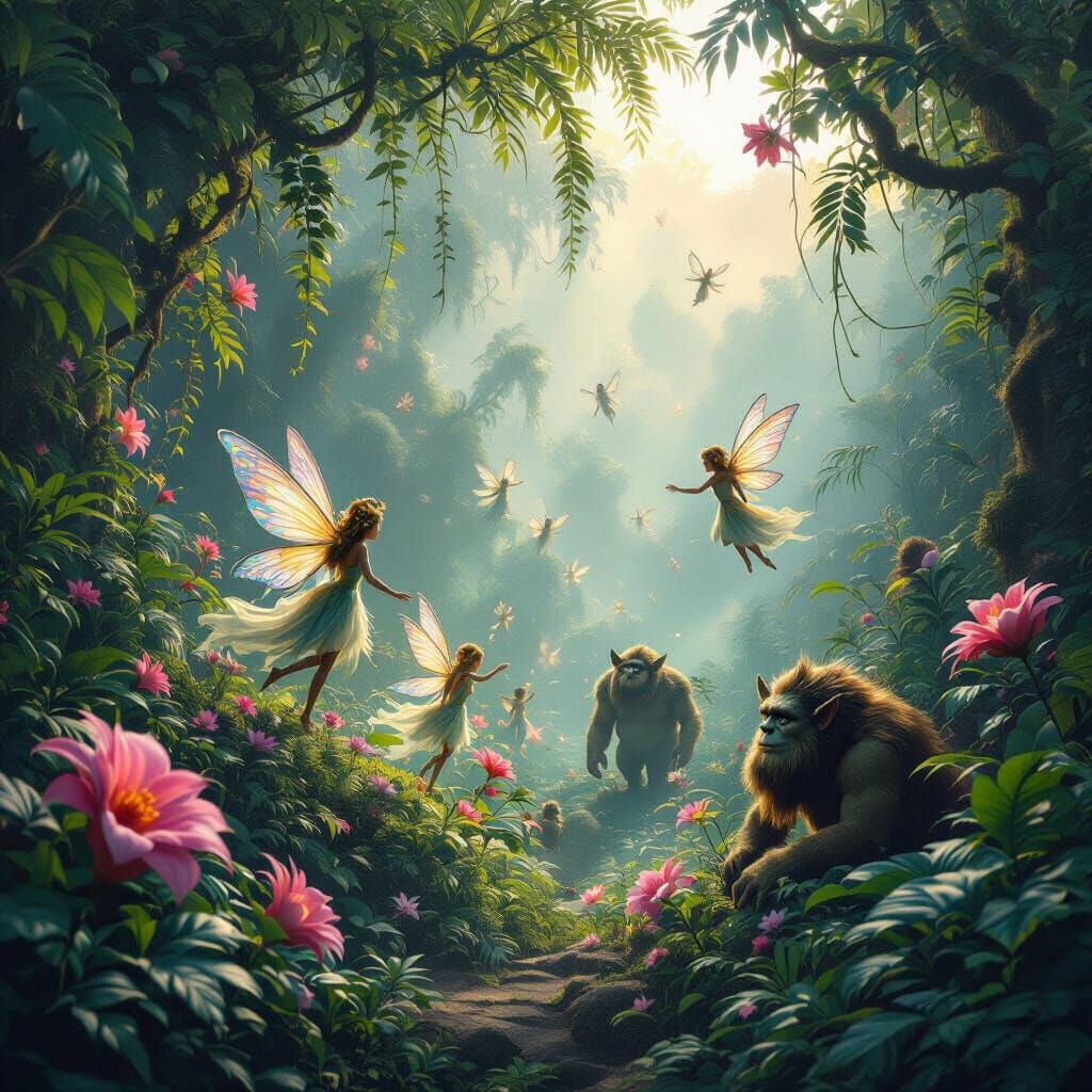 Magic quest, amazing, photo, realistic, heavenly, fairies, wonderland, jungle, ogres and flowers.