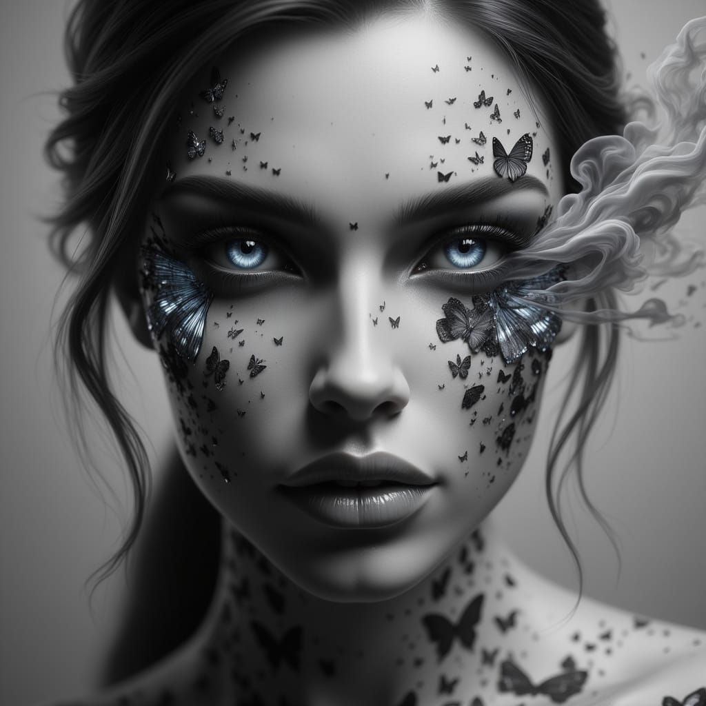 Mysterious Woman in Grayscale, Smoky Eyes with Faint Butterf...