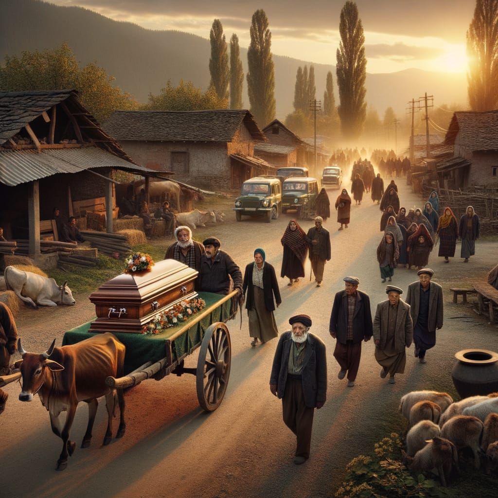 Village Funeral Procession on Tractor to Cemetery