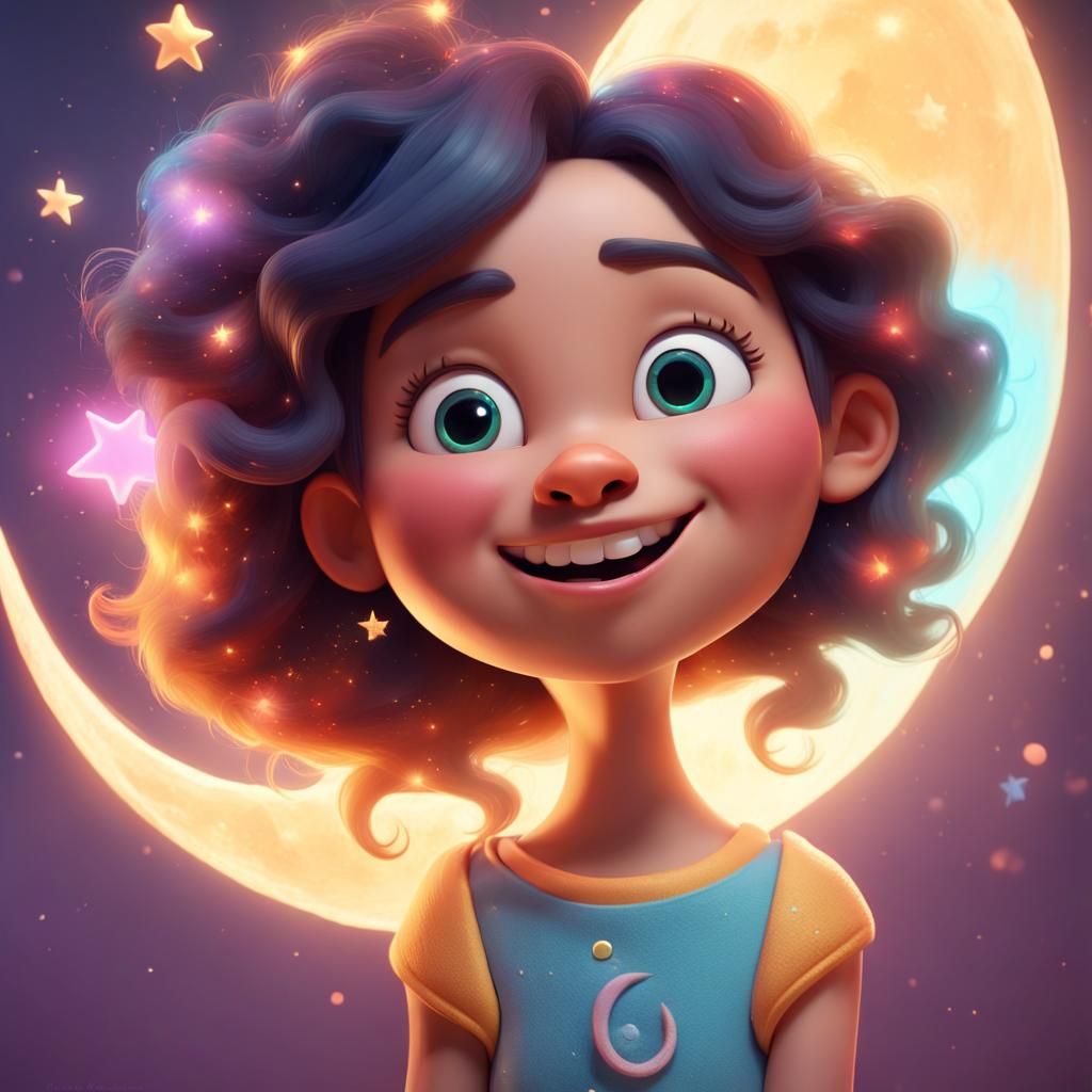 Illustrate a joyful Moon, a friendly star with a round, gent...