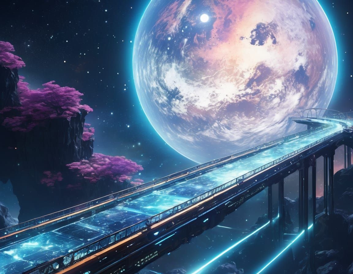 A beautiful futuristic glass reflective bridge across time , spanning worlds with clocks and hour glasses ...  by @Sumikokeel