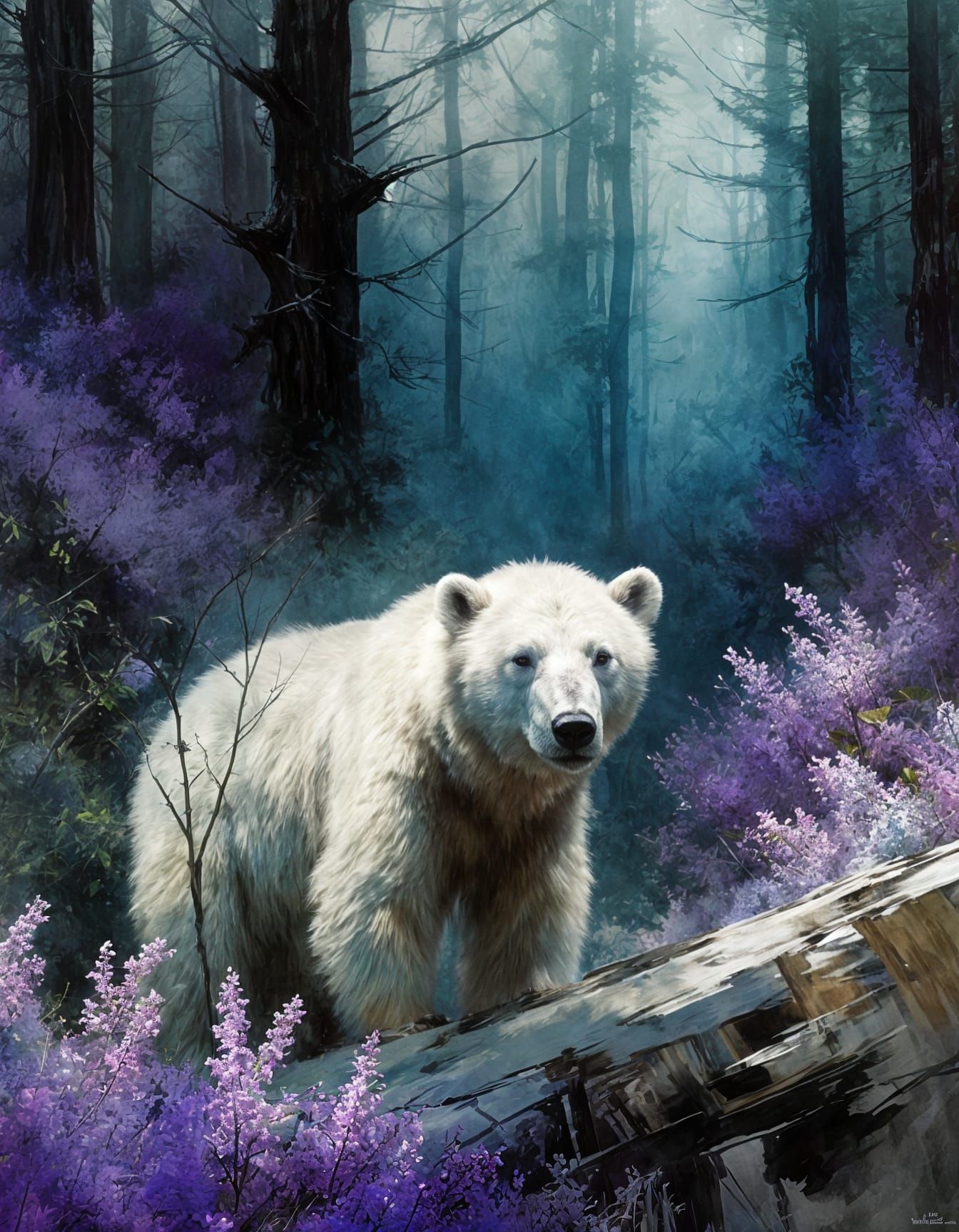Lone white polar bear in a vibrant winter forest  by @Dreamer in Hell