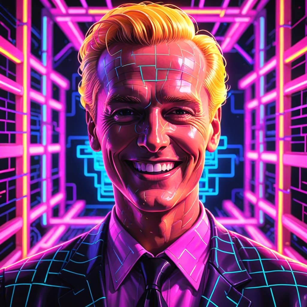 Tv Icon MAX HEADROOM in his cyber grid space...smiling. Under his image it should read, "MAX HEADROOM IS RAD"