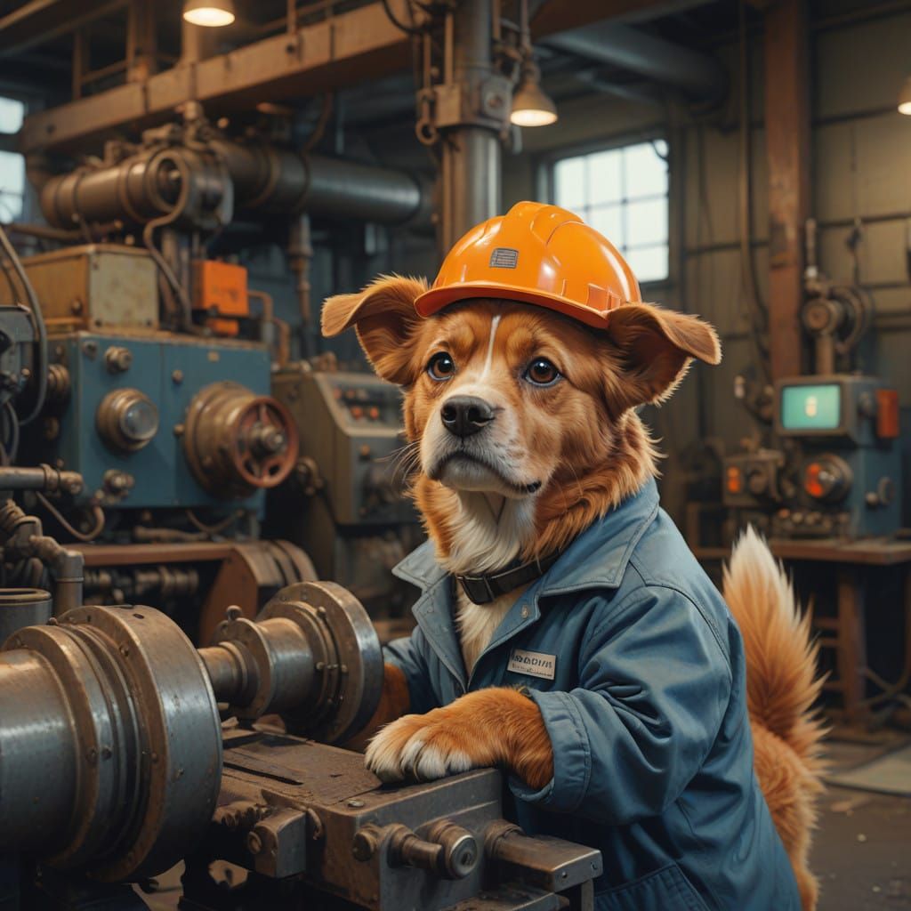 Dog working in a factory  by @Novael