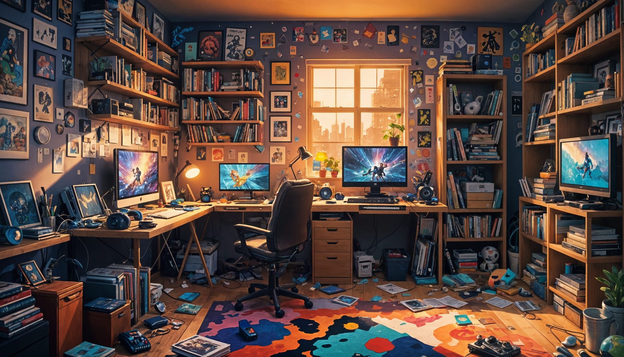 ### Refined Prompt for a Gamer/Artist Bedroom:

**Primary Scene**:  
An inviting, creatively chaotic bedroom surrounds a well-worn illustrat...