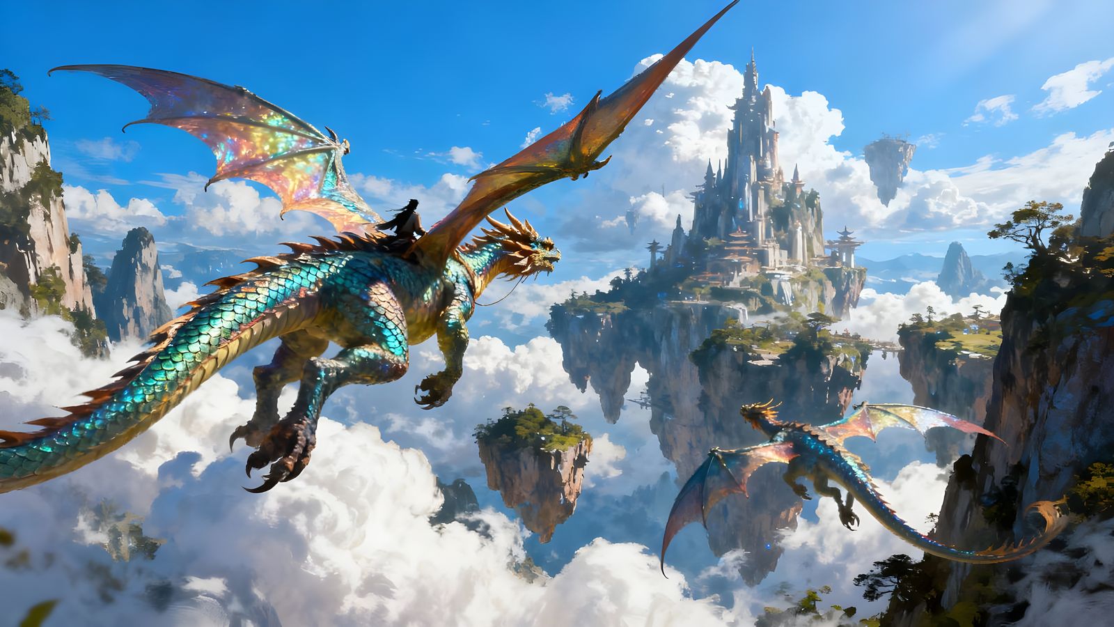 A beautiful dragon with iridescent scales flying through a fantasy world of floating islands.  by @grescokit