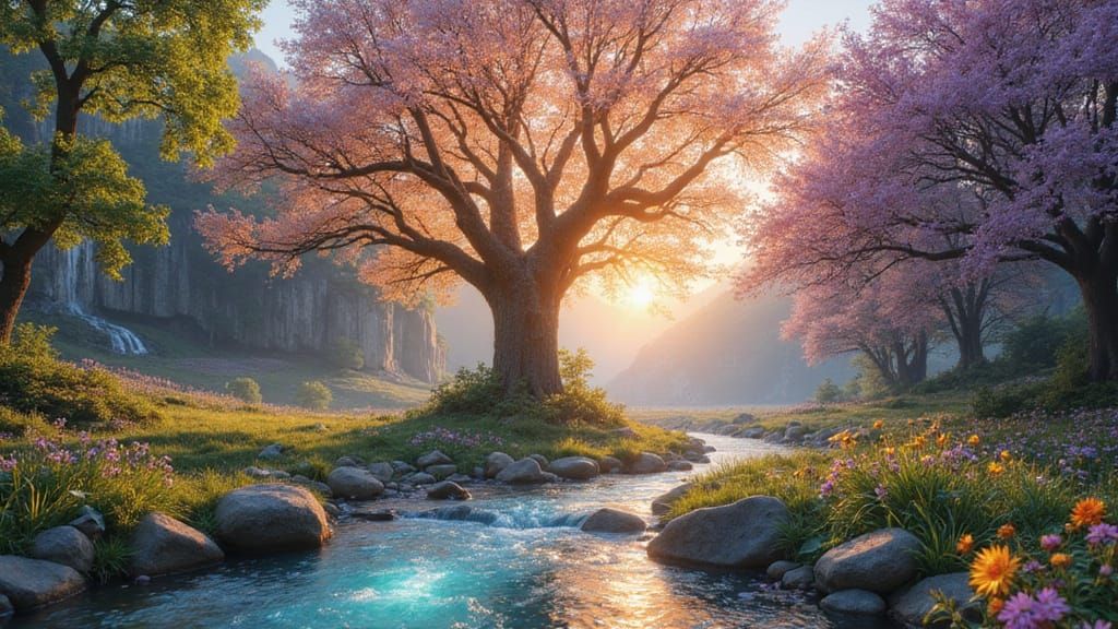 Ethereal Gardens of the Seasons A photorealistic, hyperrealistic depiction of an otherworldly garden where all four seasons coexist in perfe...