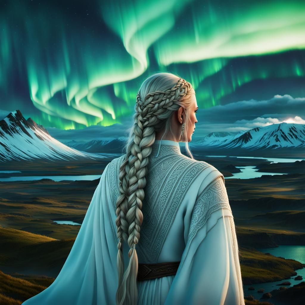 Brunhilde with very long blonde braids and white clothes on a mountain ...