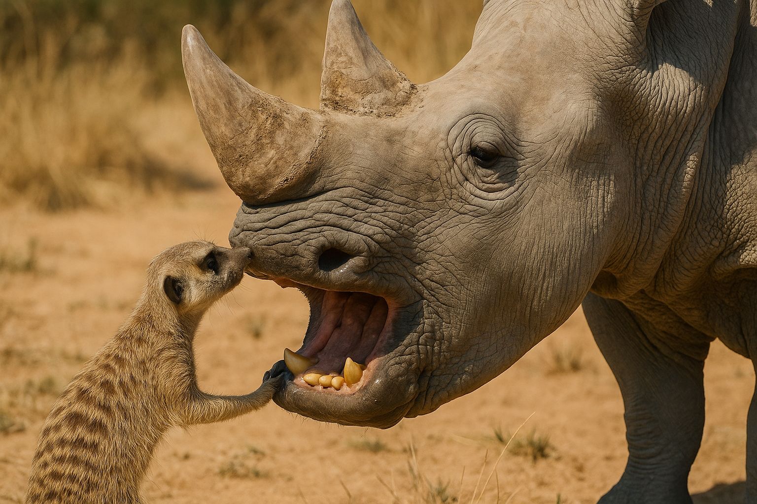 Erdmännchen prüft die Zähne des Nashorns
