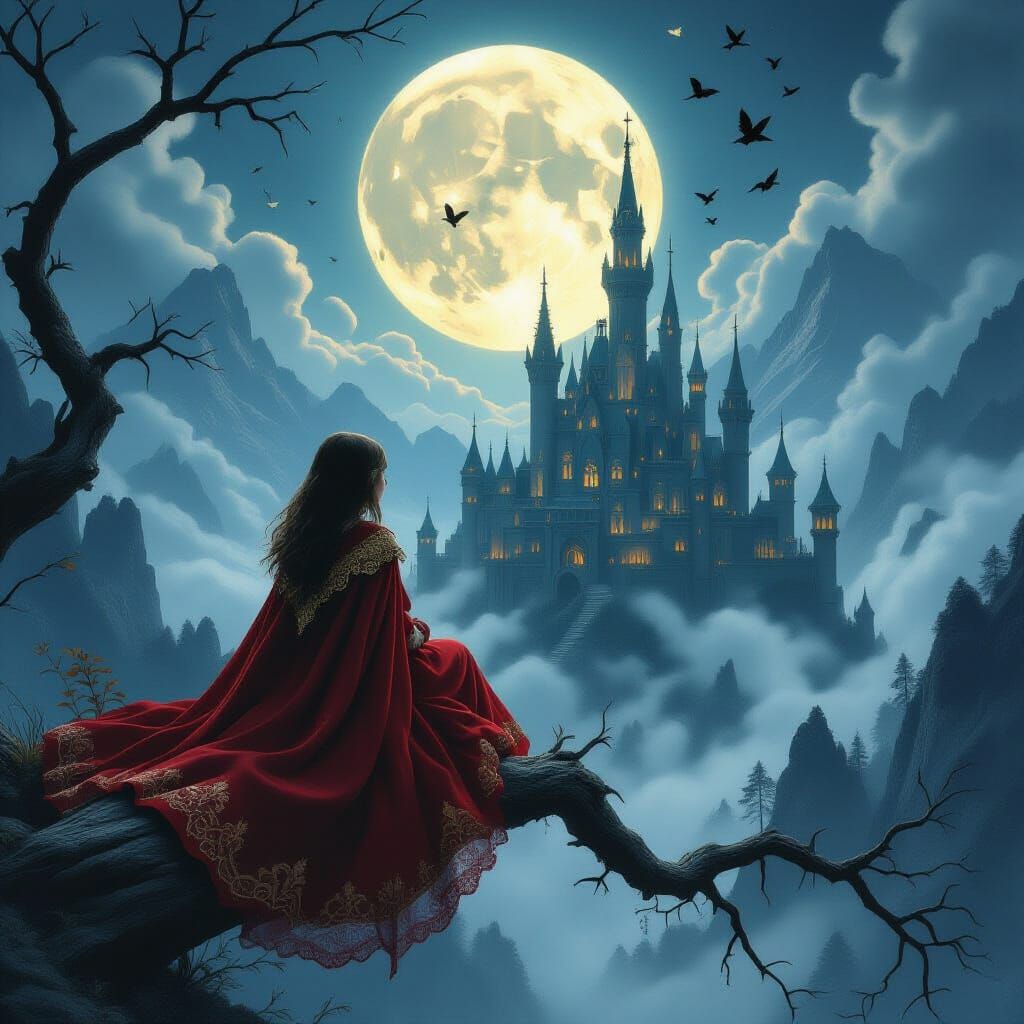 A dark fantasy scene inspired by Little Red Riding Hood, a young girl in a flowing red cloak sitting on a twisted tree branch overlooking a ...
