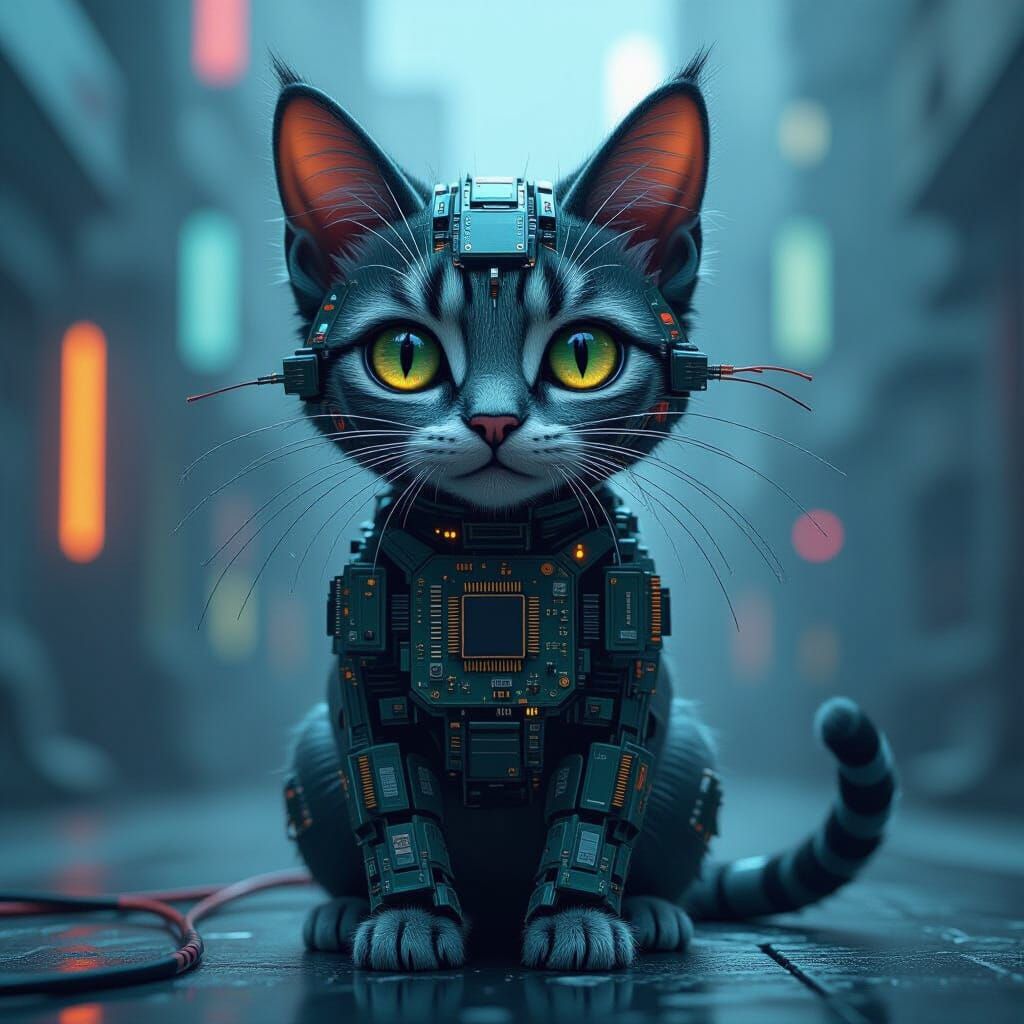 Cyberpunk Cat Composed of Computer Hardware