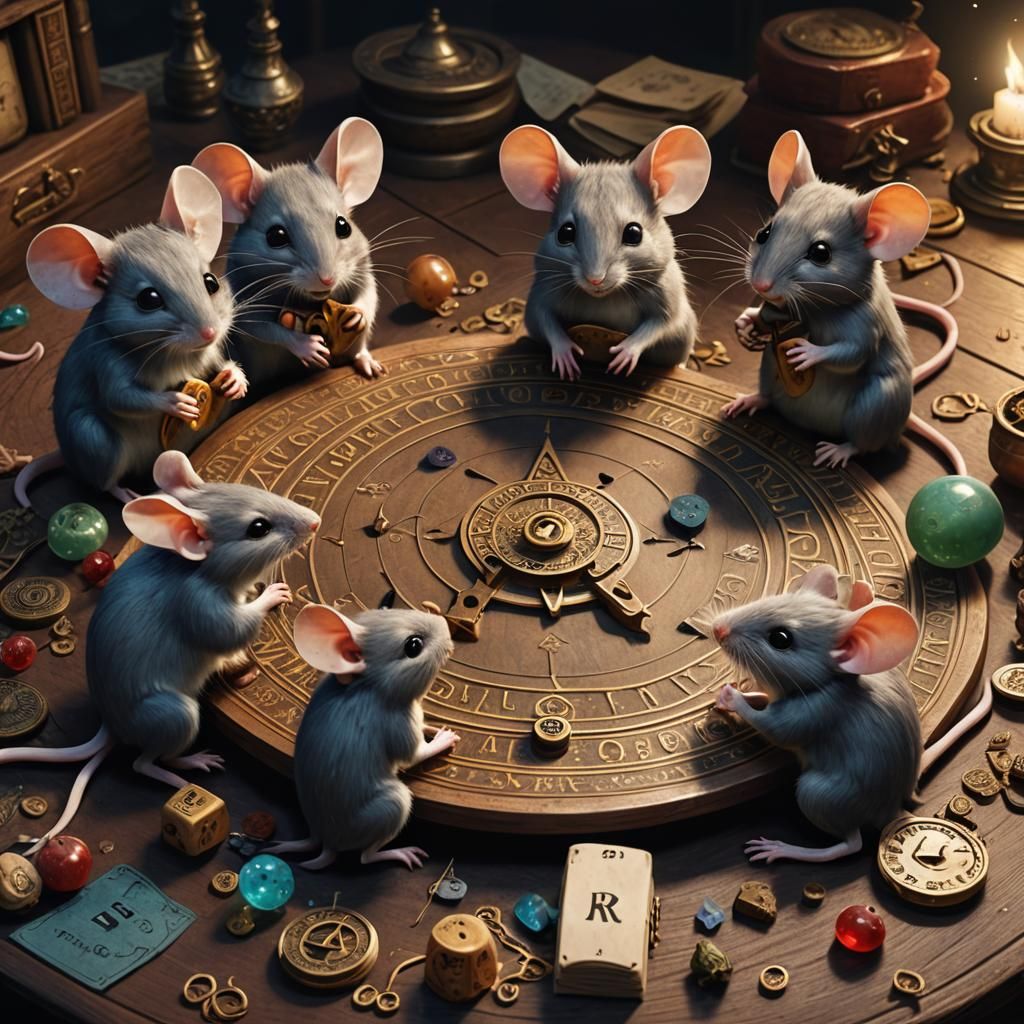 Cute mice playing with a Ouija board  by @GiggleBug7