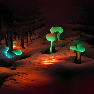 Glowing mushroom trees in a large forest