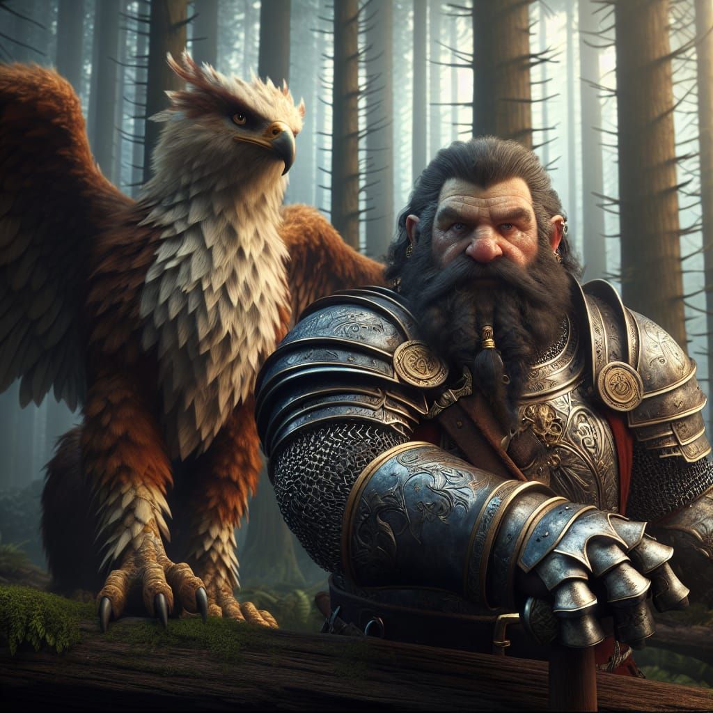 A armored Dwarf with a griffin  by @Ash