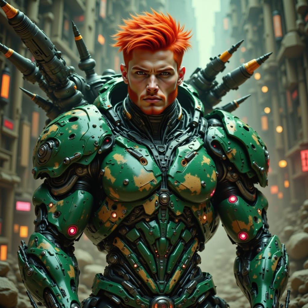 Handsome beautiful male red hair , muscle Green caomouflage Mecha body armor robotic arms metal  rocket launchers missiles led lights , full...