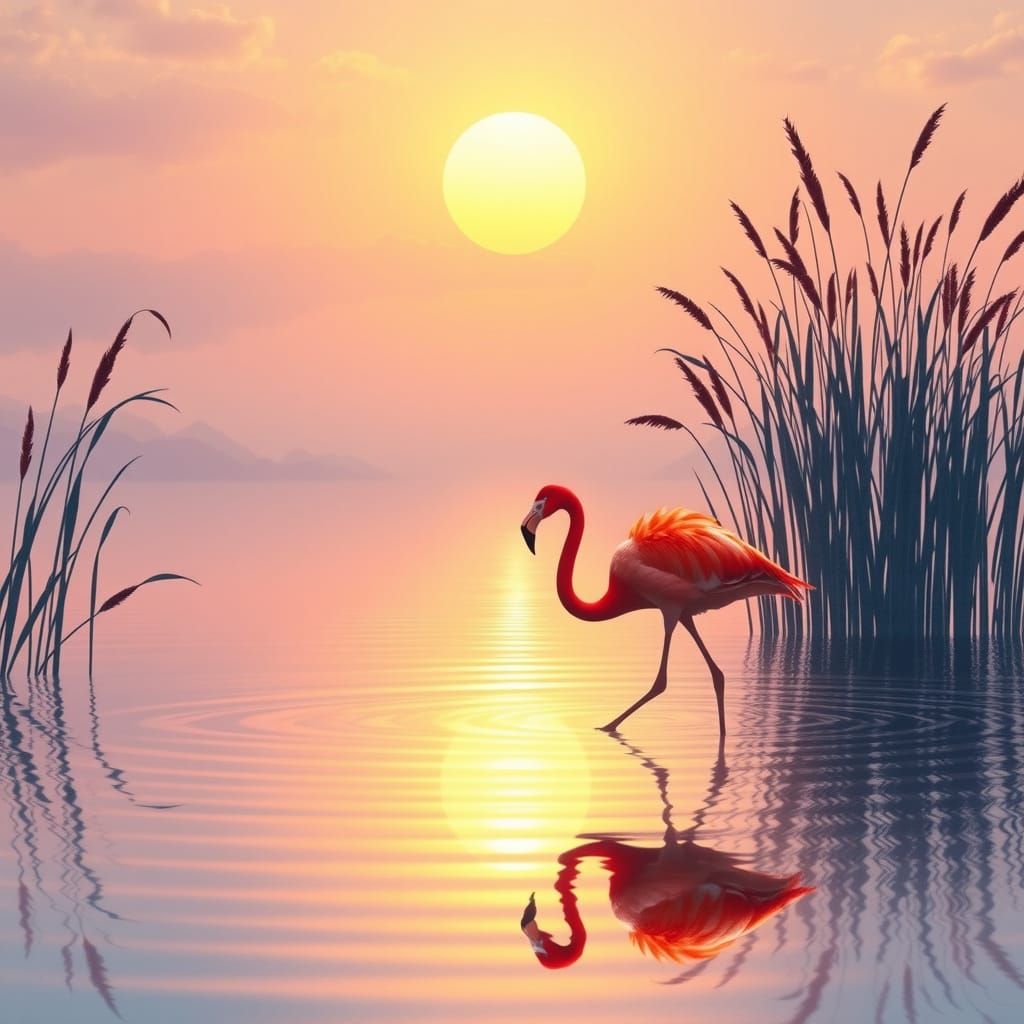 A vibrant flamingo wades gracefully in a calm lake as the sun peeks over the horizon, casting golden ...  by @Alex