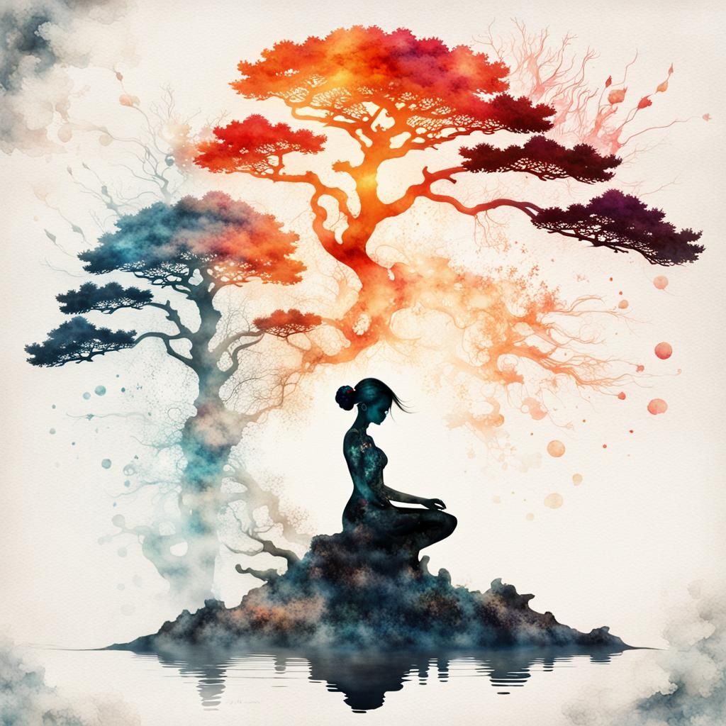 Macabre Bonsai tree silhouette of a flaming women portrait water color splash effects "fantasy fantastical, ...  by @Zaniwi