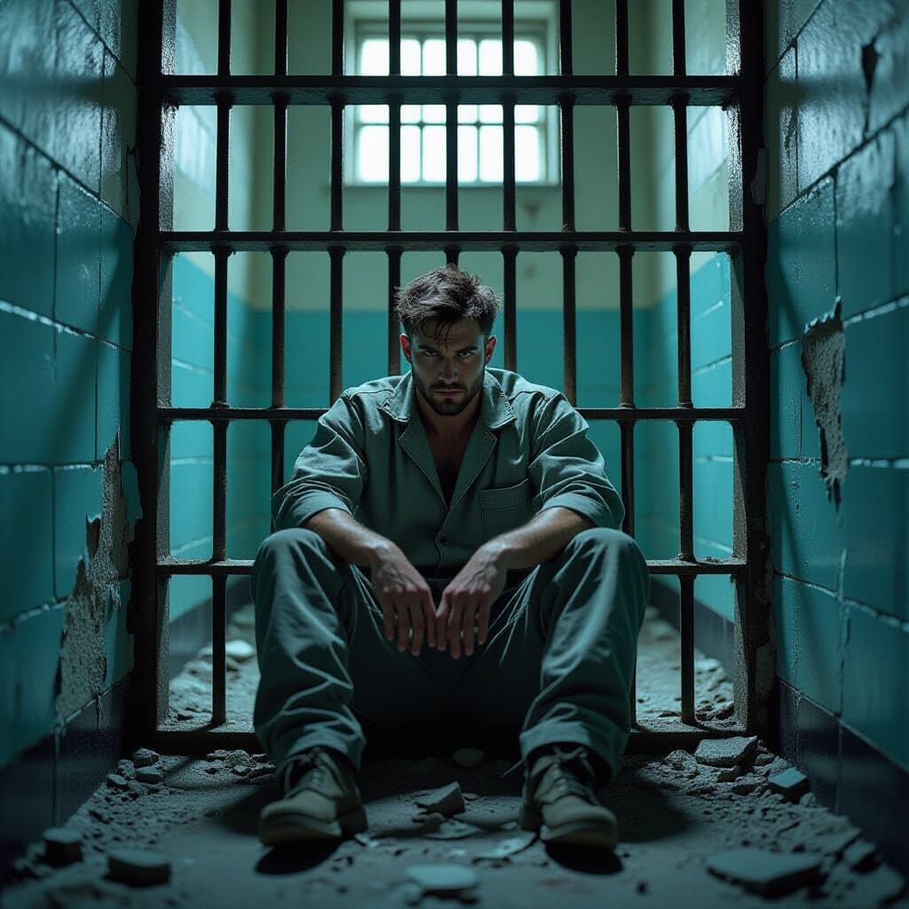 Hyperrealistic Prisoner in Shattered Jail Cell