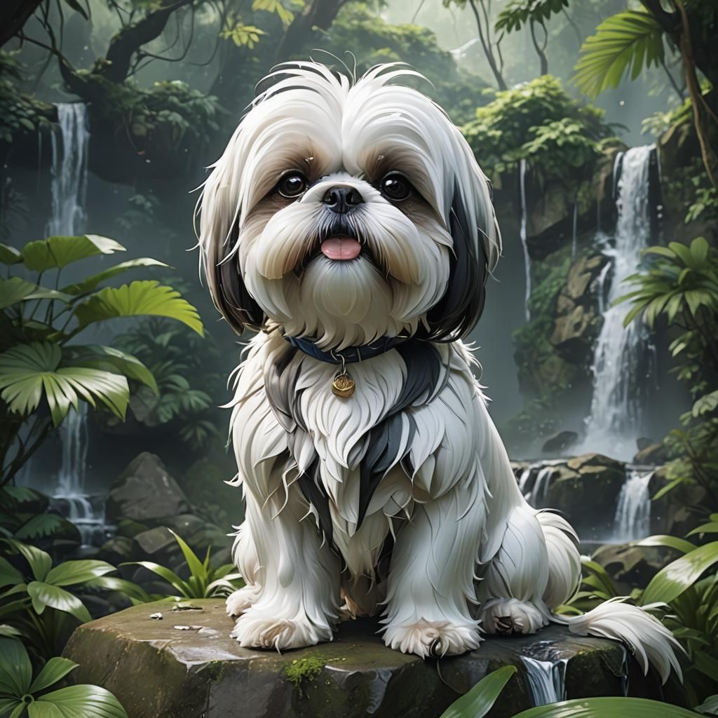 Jungle waterfall White shih tzu with under bite