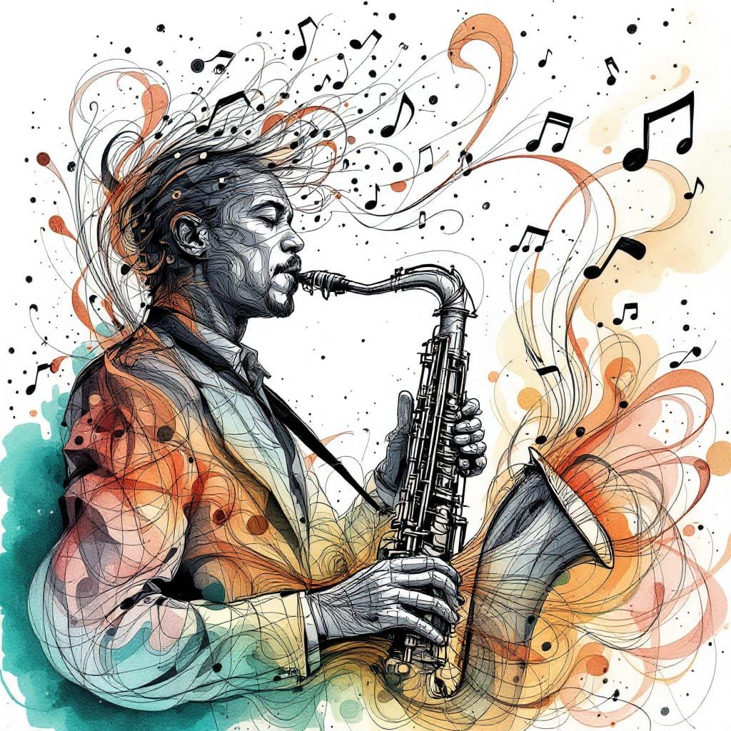 designsketch musician portrait, expressive pen linework, promarker warm gray shading for form, white paper, accent pastel blue
 - Start Image 2