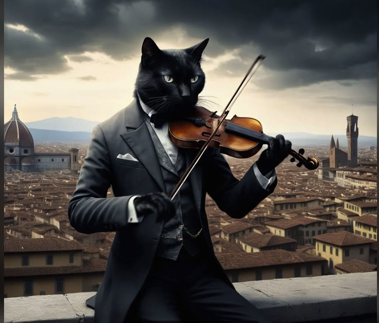 Cat musician playing violin in Firenze.