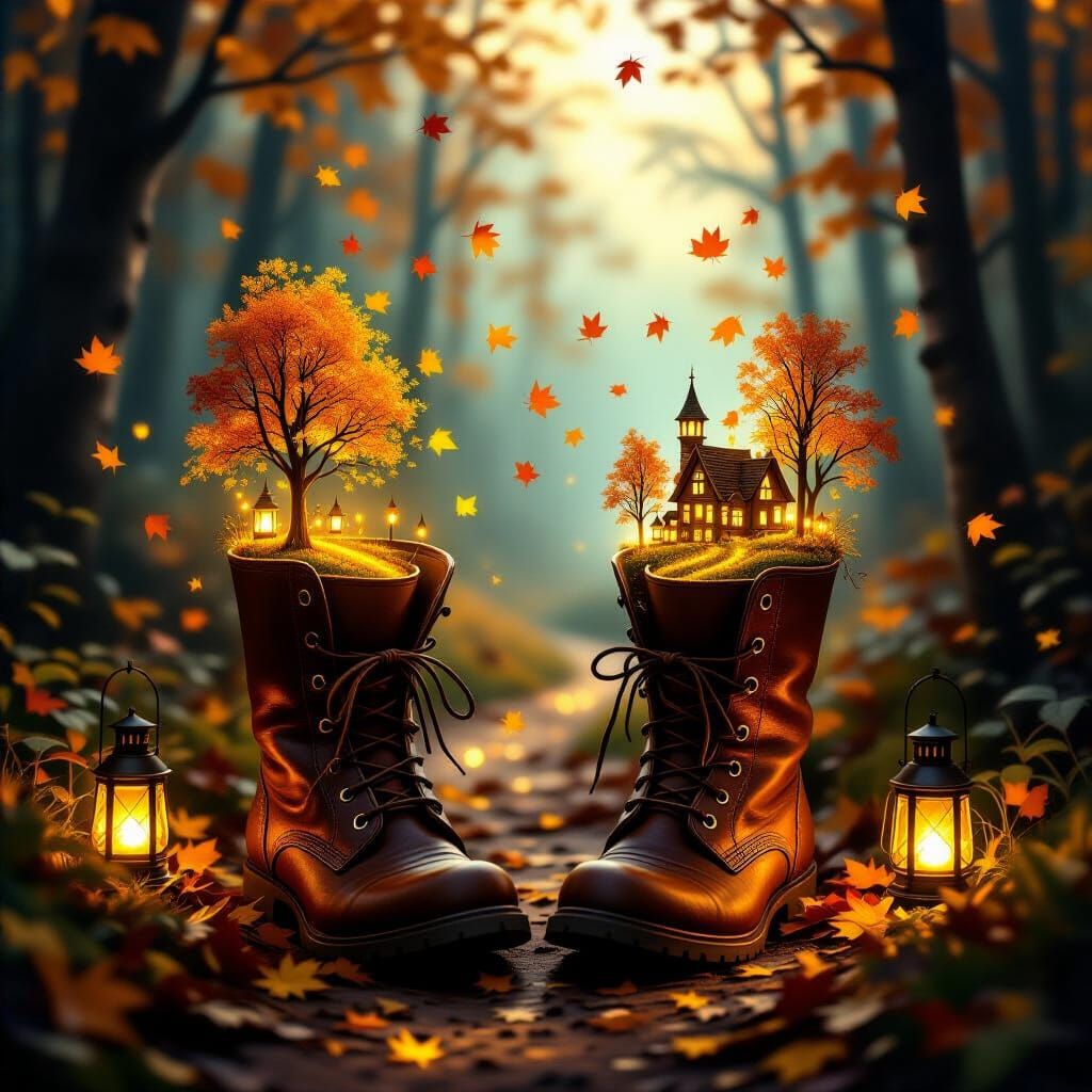 Magical Autumn Boots on Forest Path