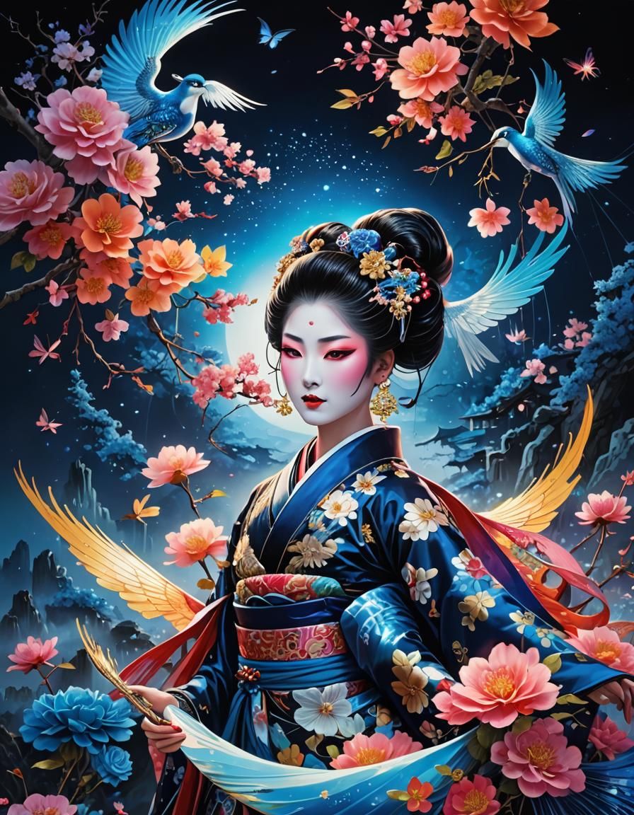 (Hyper detailed epic anime portait of a dancing geisha with intricately ...