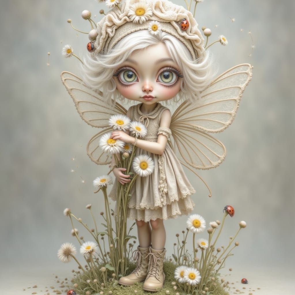 Whimsical fairy with long, messy white hair, transparent laced white wings, wearing a delicate lace outfit, crochet light brown shoes, and a...