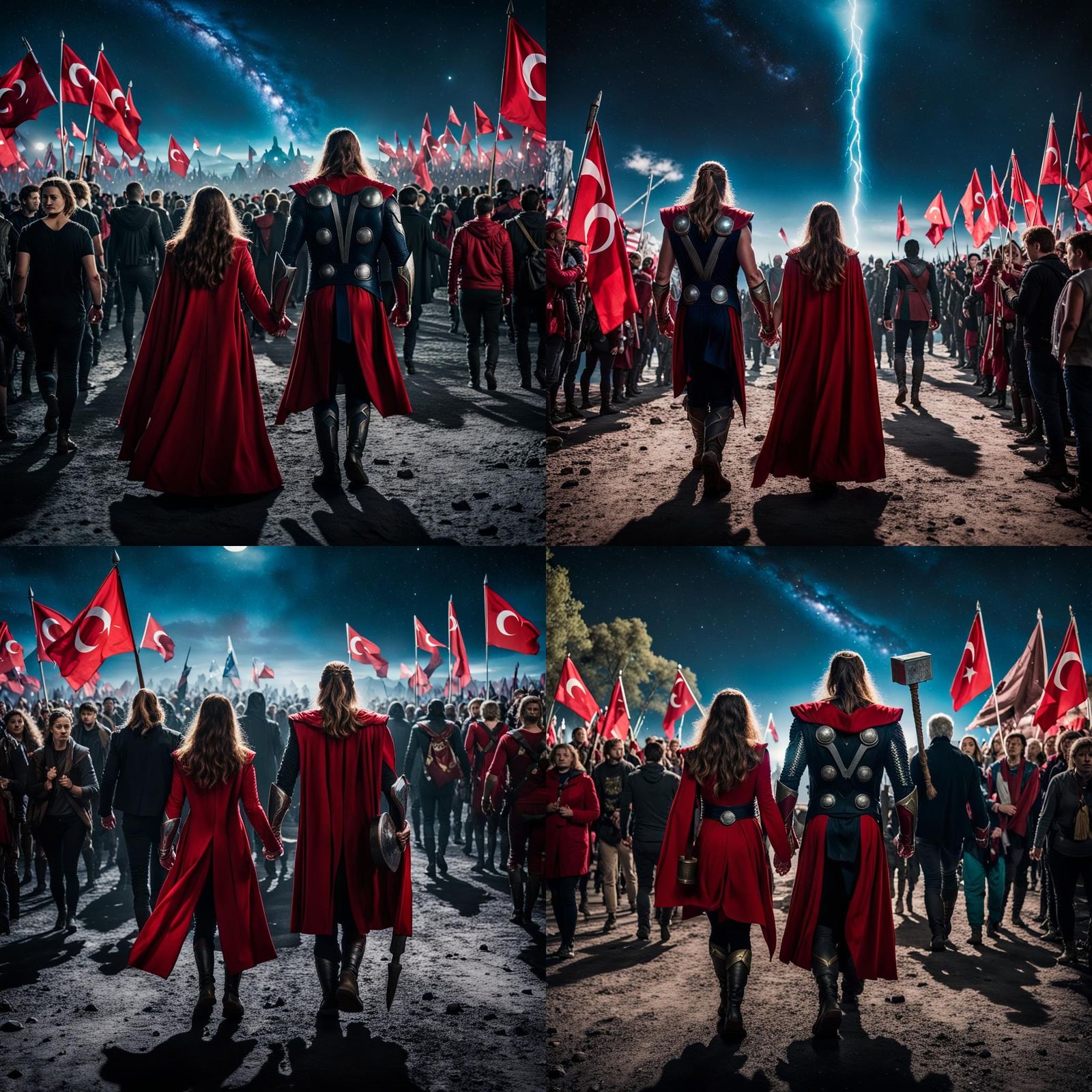 Scarlet Witch (in her red suit) and Thor (in her god costume...