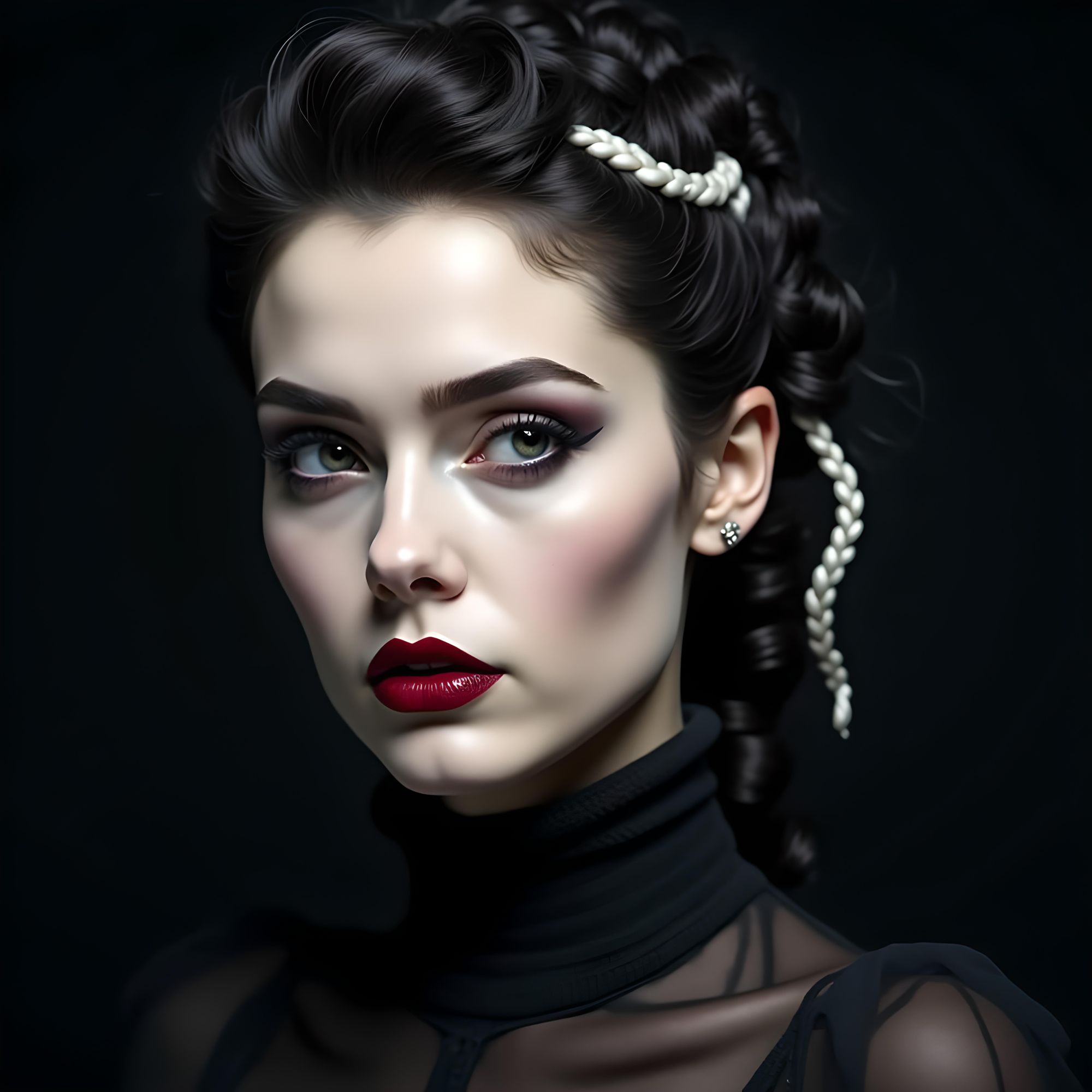 High-resolution, close-up portrait of a woman with striking facial features. She has pale skin, piercing grey eyes, and dark, dramatic makeu...