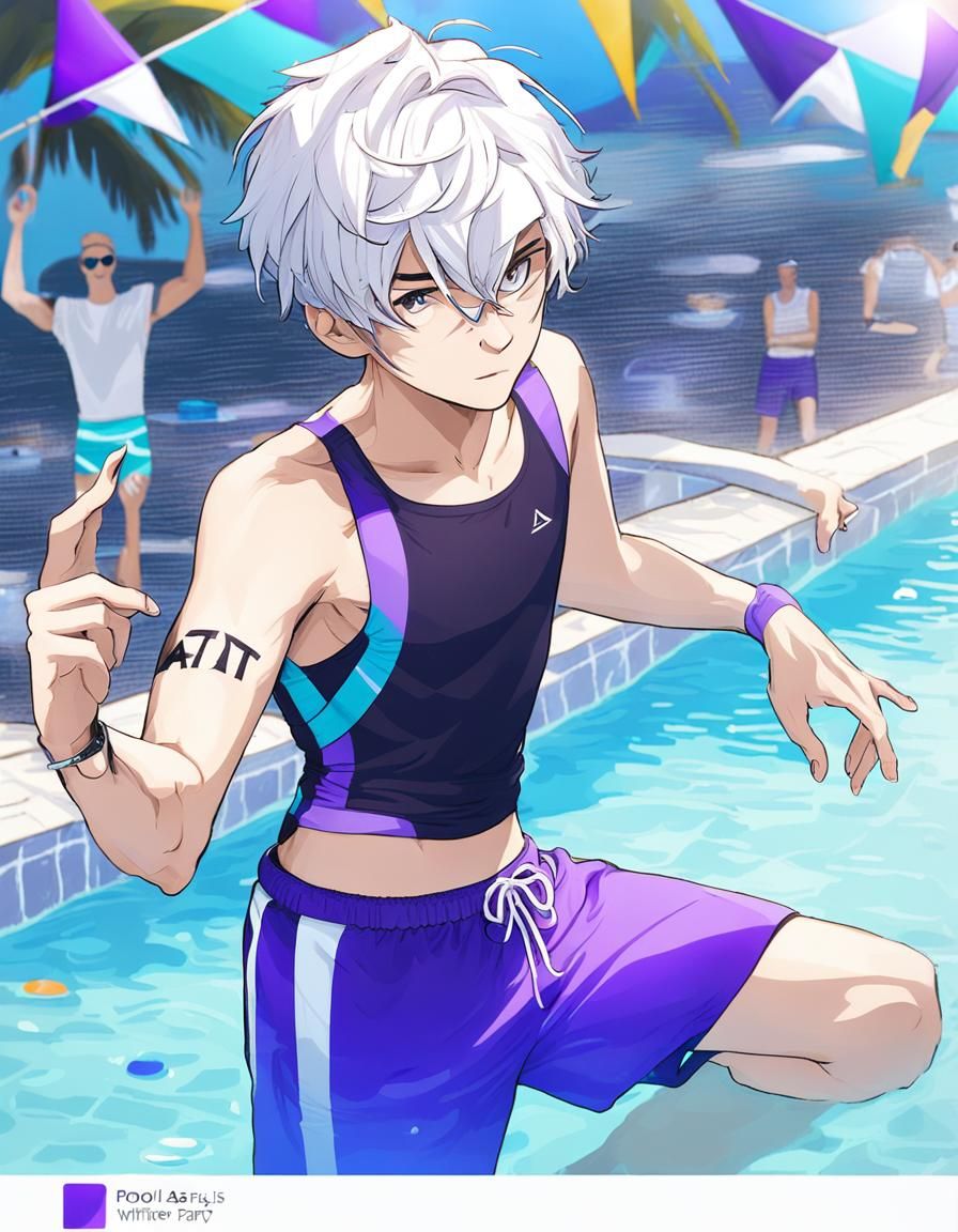 teen guy with white hair and is wearing purple swimming trun...