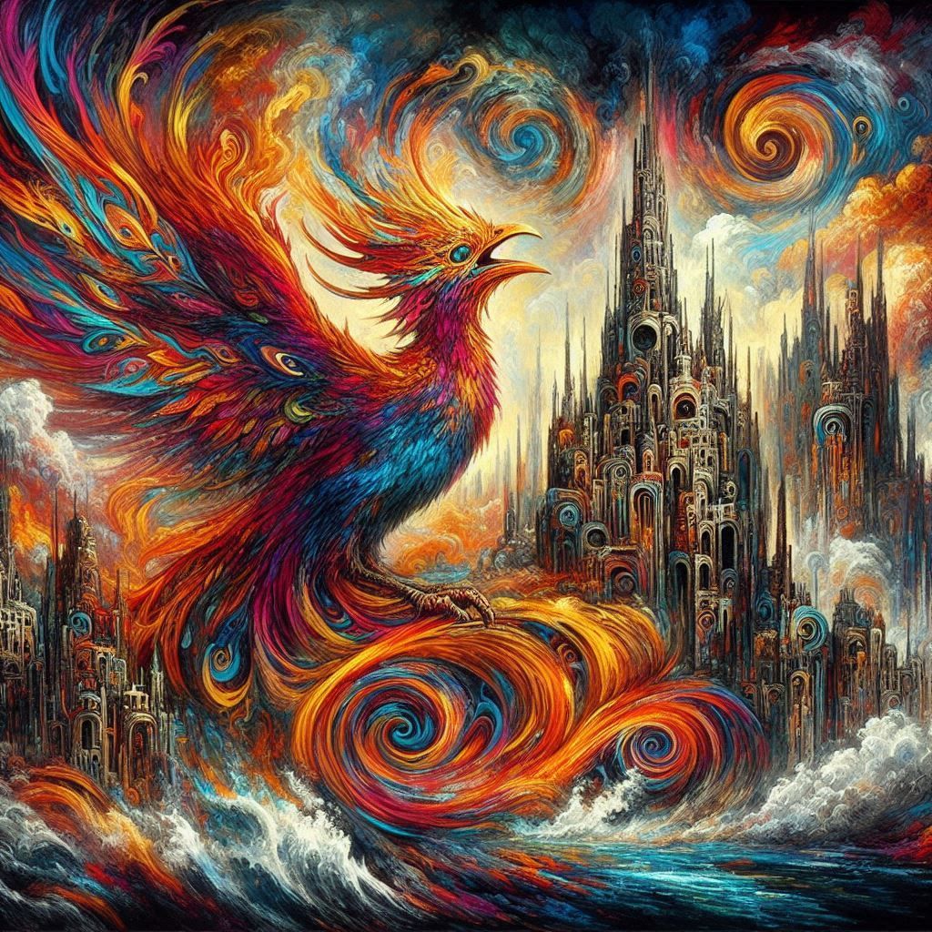 Slavic mythological Firebird, surrealism, punk