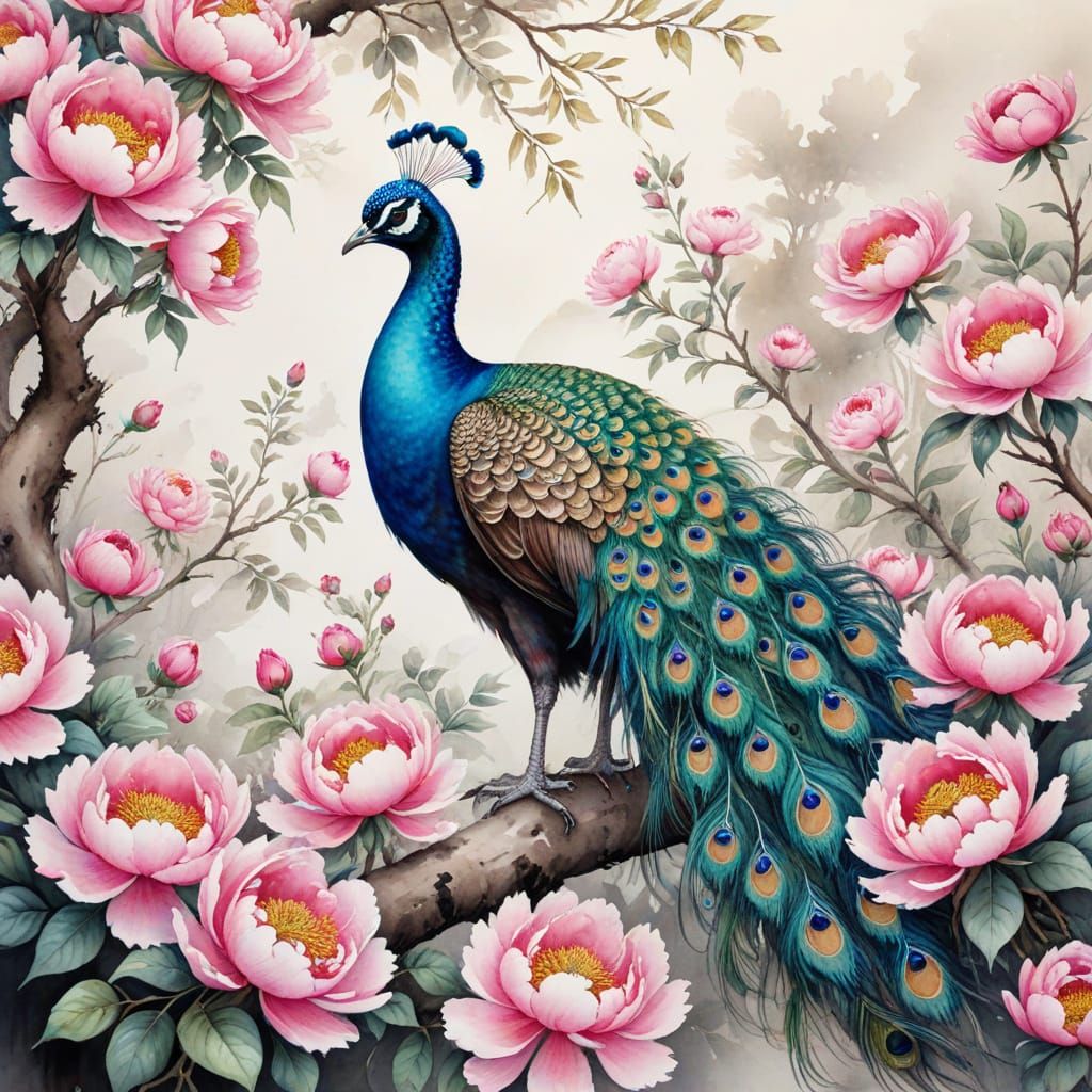 A chinese watercolor and ink brilliantly colored highly detailed feathered peacock sitting among a branch ...  by @ConjuredAnimals