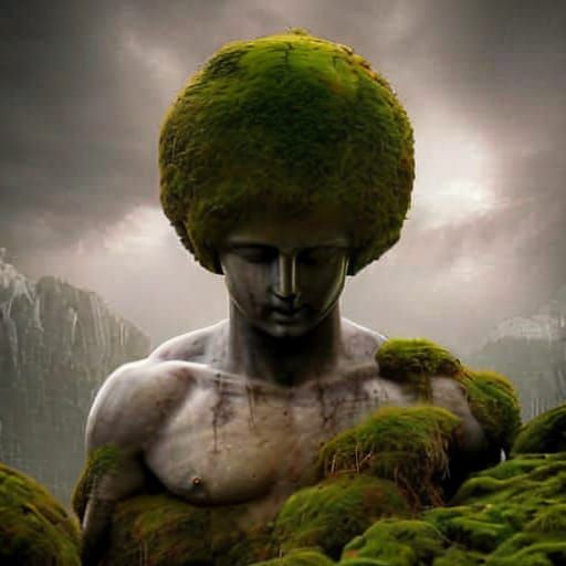 ancient statue covered in moss  by @Marjolein 
