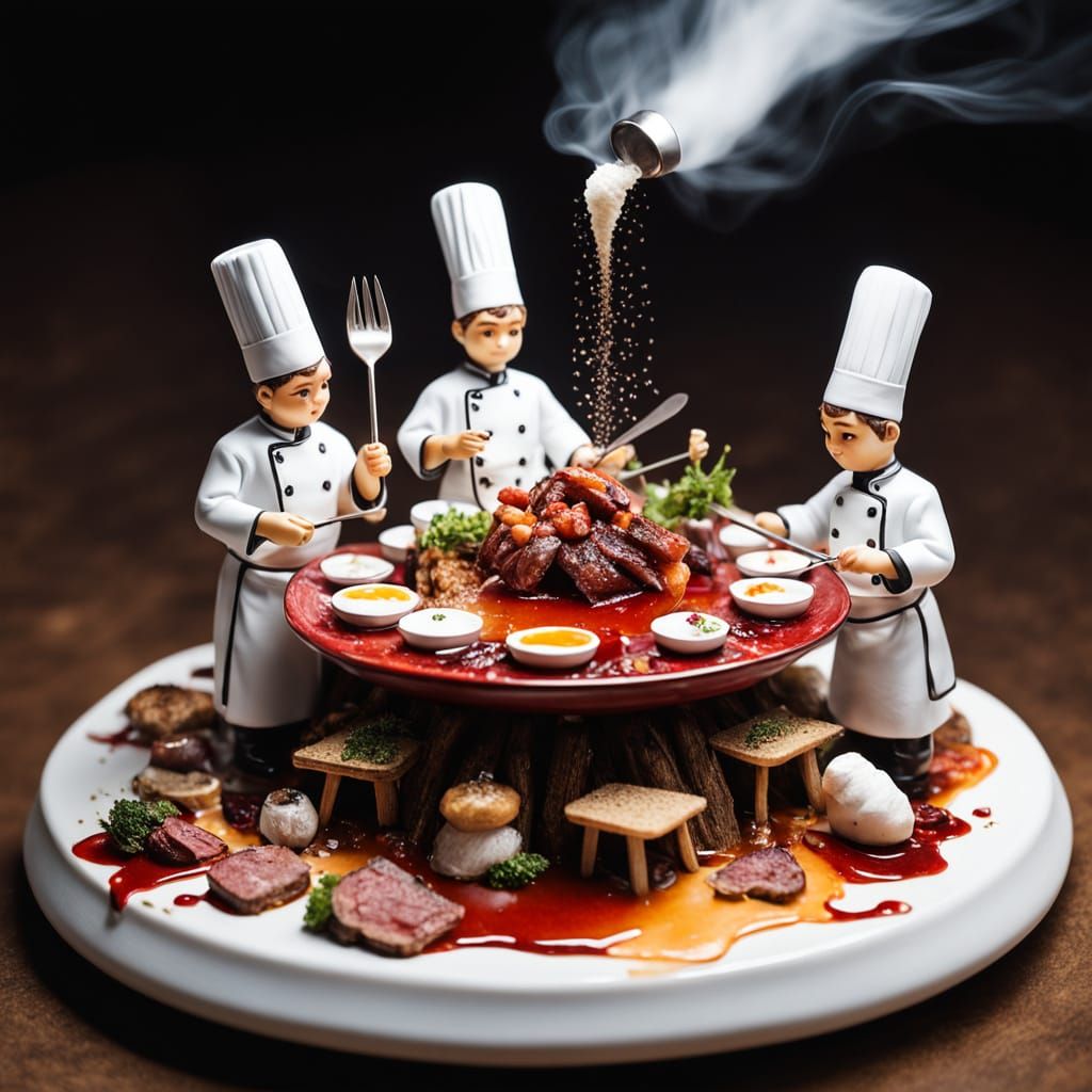 Miniature Chefs Prepare Gourmet Meal on Giant Plate