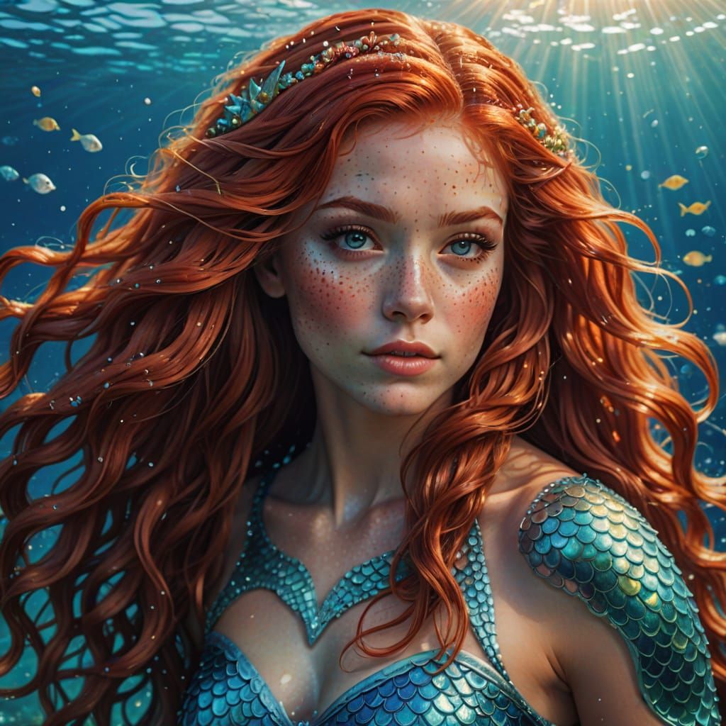 Glamorous Blue Mermaid with Freckles in Vibrant Un... AI Art