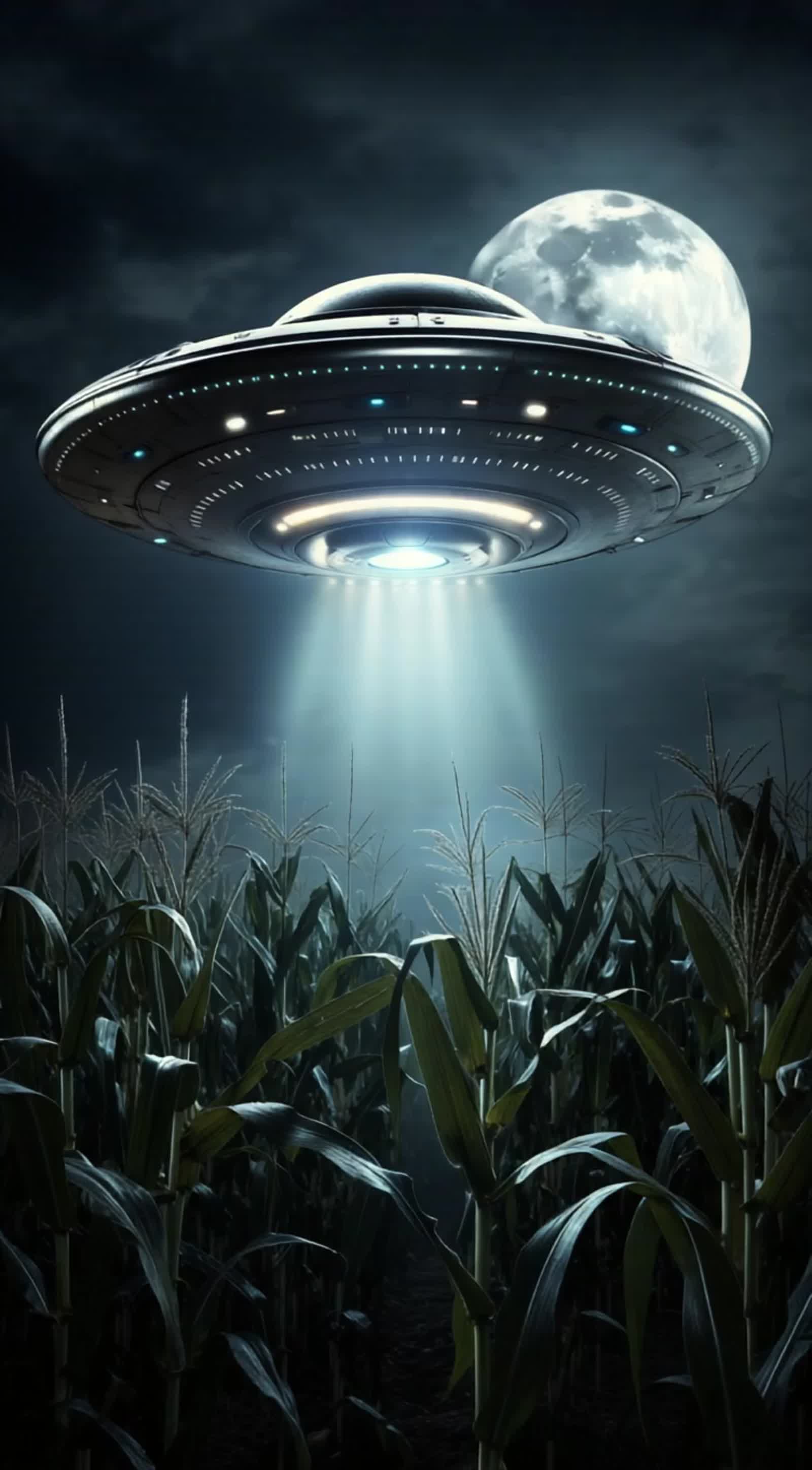 a high detail ufo landing in a cornfield at nigth and a full moon