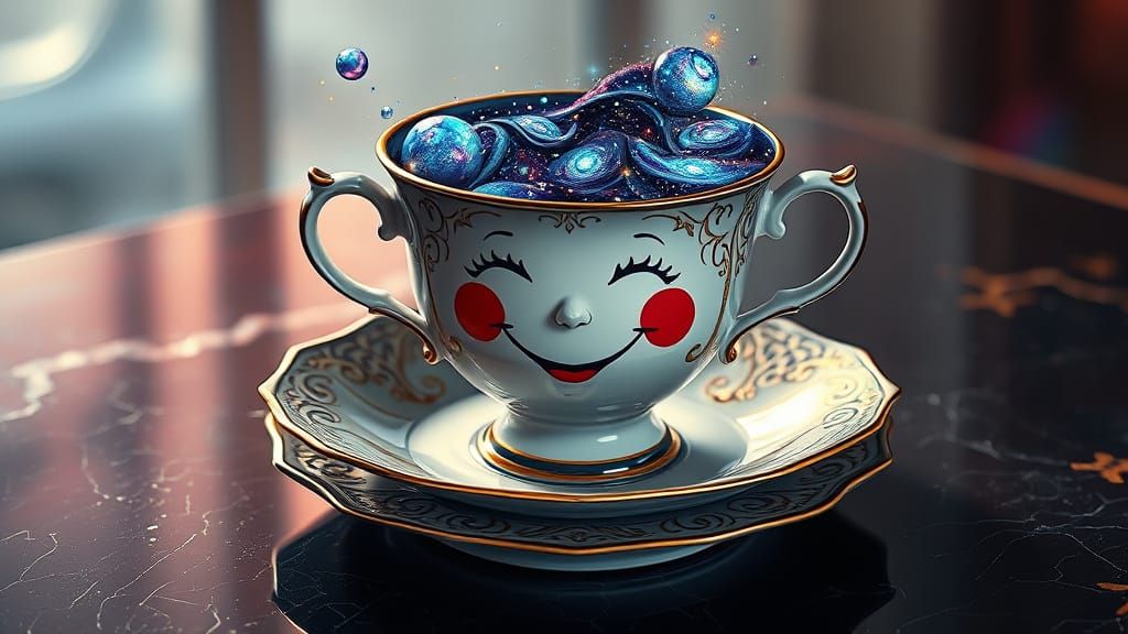 Digital painting. A vintage teacup with a cheerful, painted face, overflowing with iridescent, swirling galaxies. It sits on a cracked, orna...