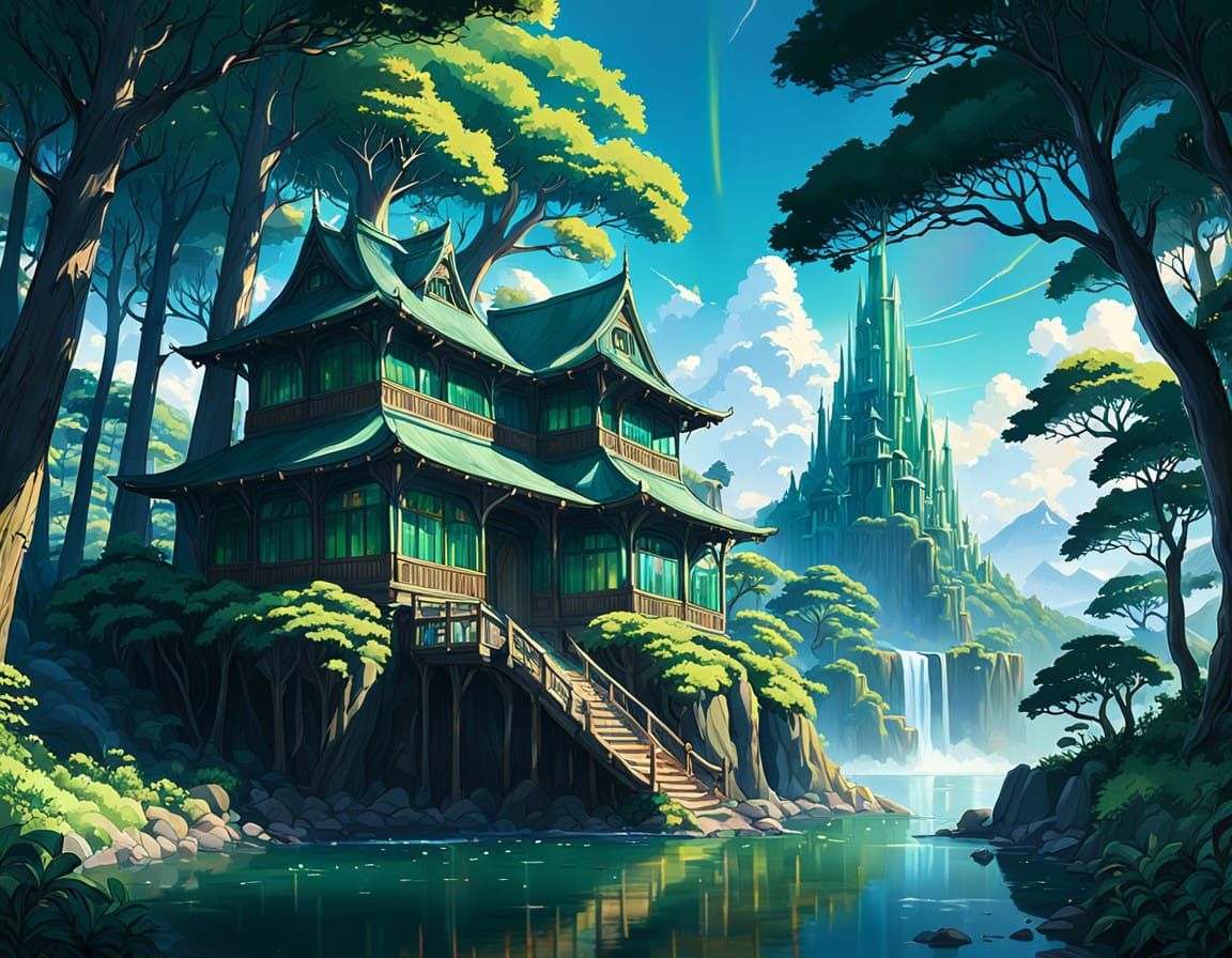 Whimsical Emerald Cityscape in Vibrant Forest Groove