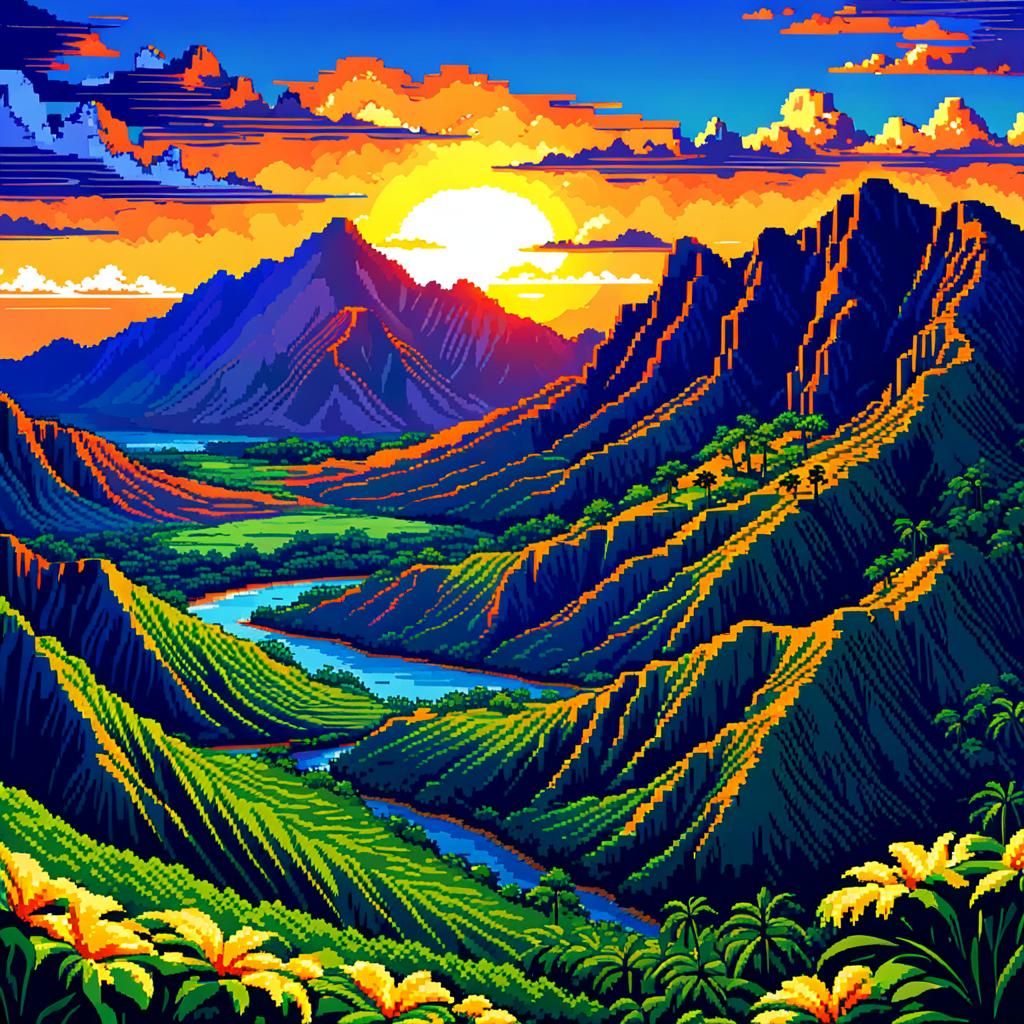 Pixel art, the koolau mountain range in Hawaii at sunset  by @Joy