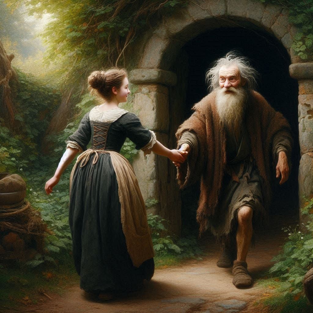 She lead the dishevelled old hermit into a lush green garden...