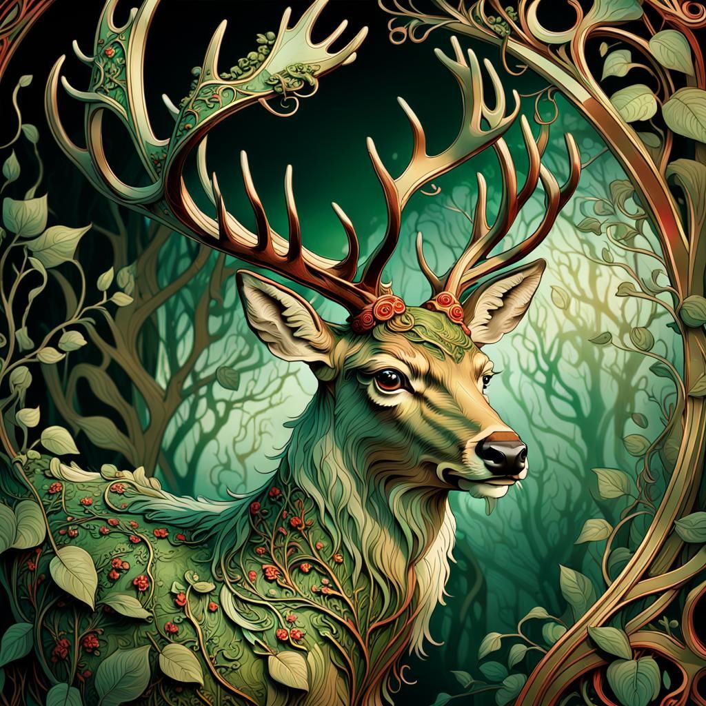Art nouveau style buck deer  by @charmzpix