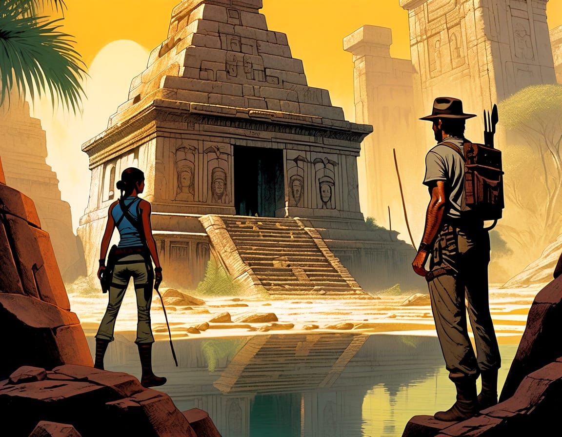 close-up: Lara Croft and Indiana Jones standing at the edge of a forgotten temple, torch in hand. 